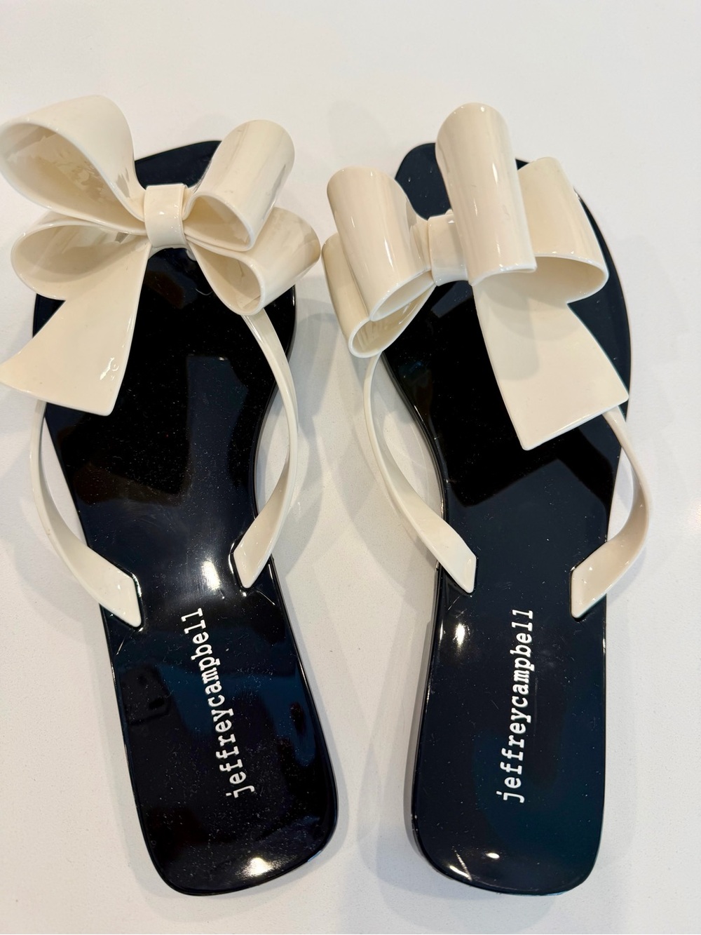 Jeffrey Campbell Black Footbed Sandals with Cream Bow